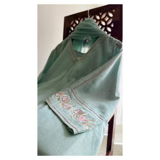 Aqua A-line bell sleeve Set with Handblock Printed wide-leg Pant