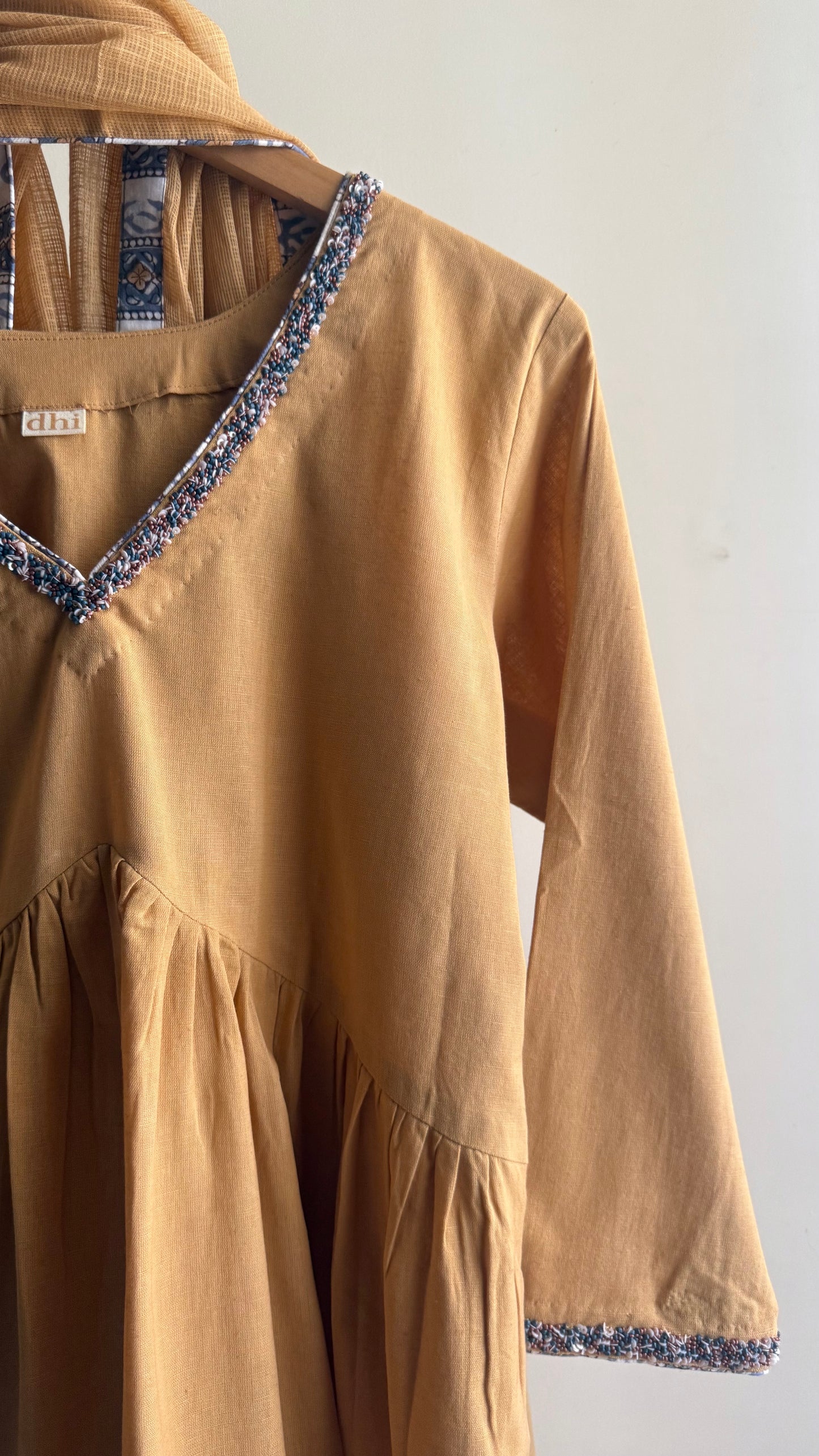 Mustard Yellow Gathered Tunic Set with Handblock Printed Pant
