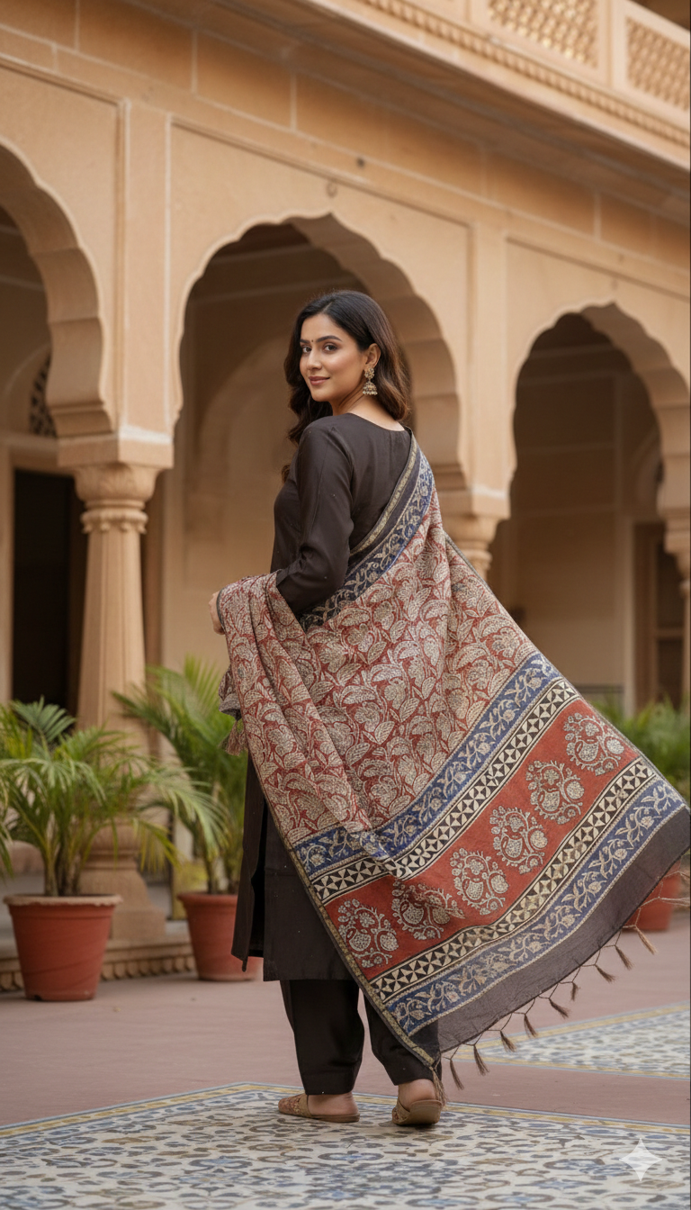 Black Coffee Mukaish Chanderi Kurta Set | Ajrakh Dupatta