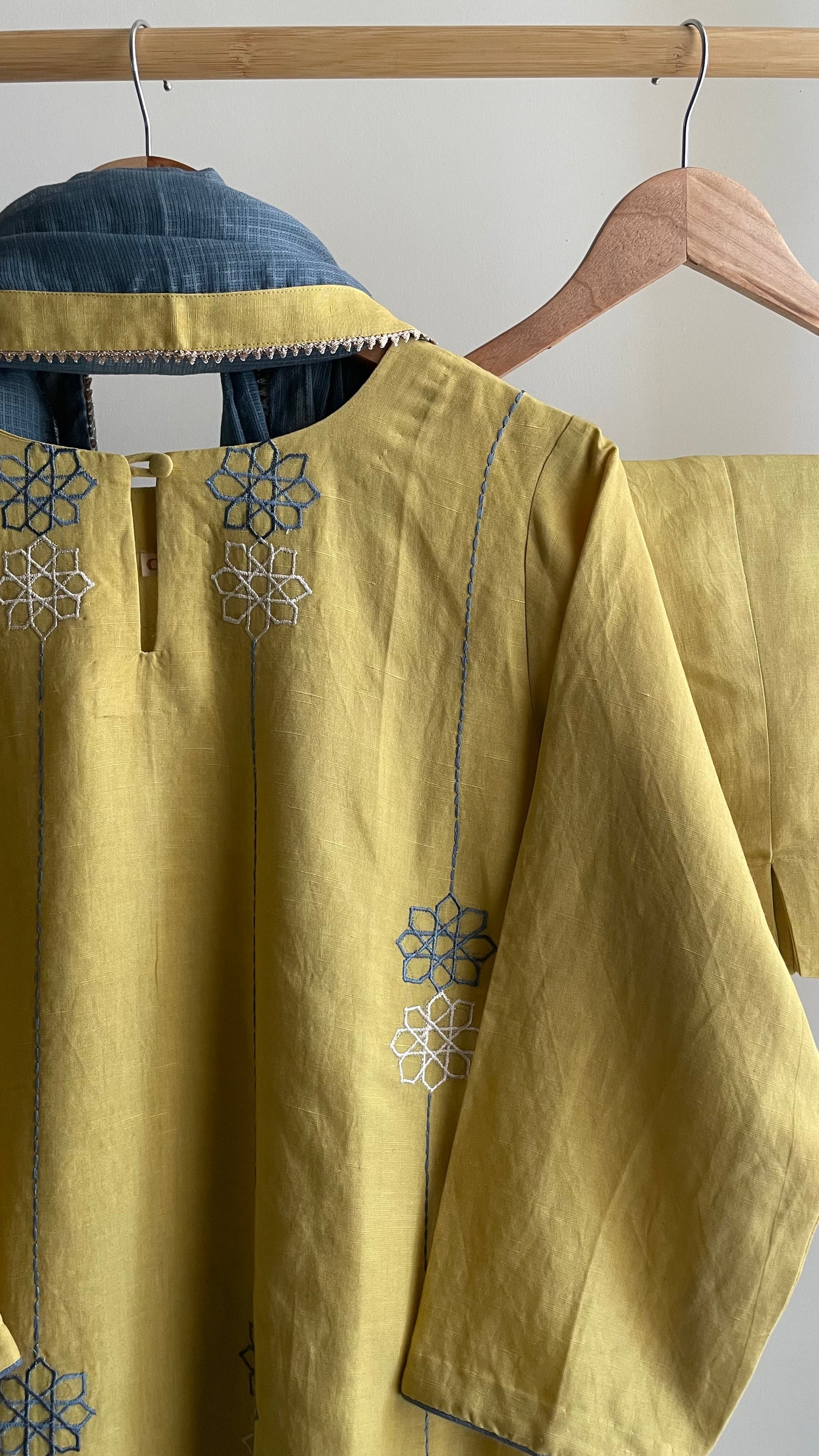 The Pastel Yellow Embroidery Kurta Suit with Slate Blue dupatta