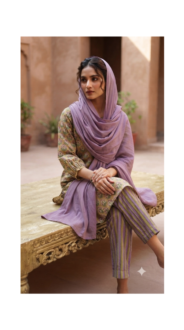 Butti & Purple Stripe Hand block Printed Set