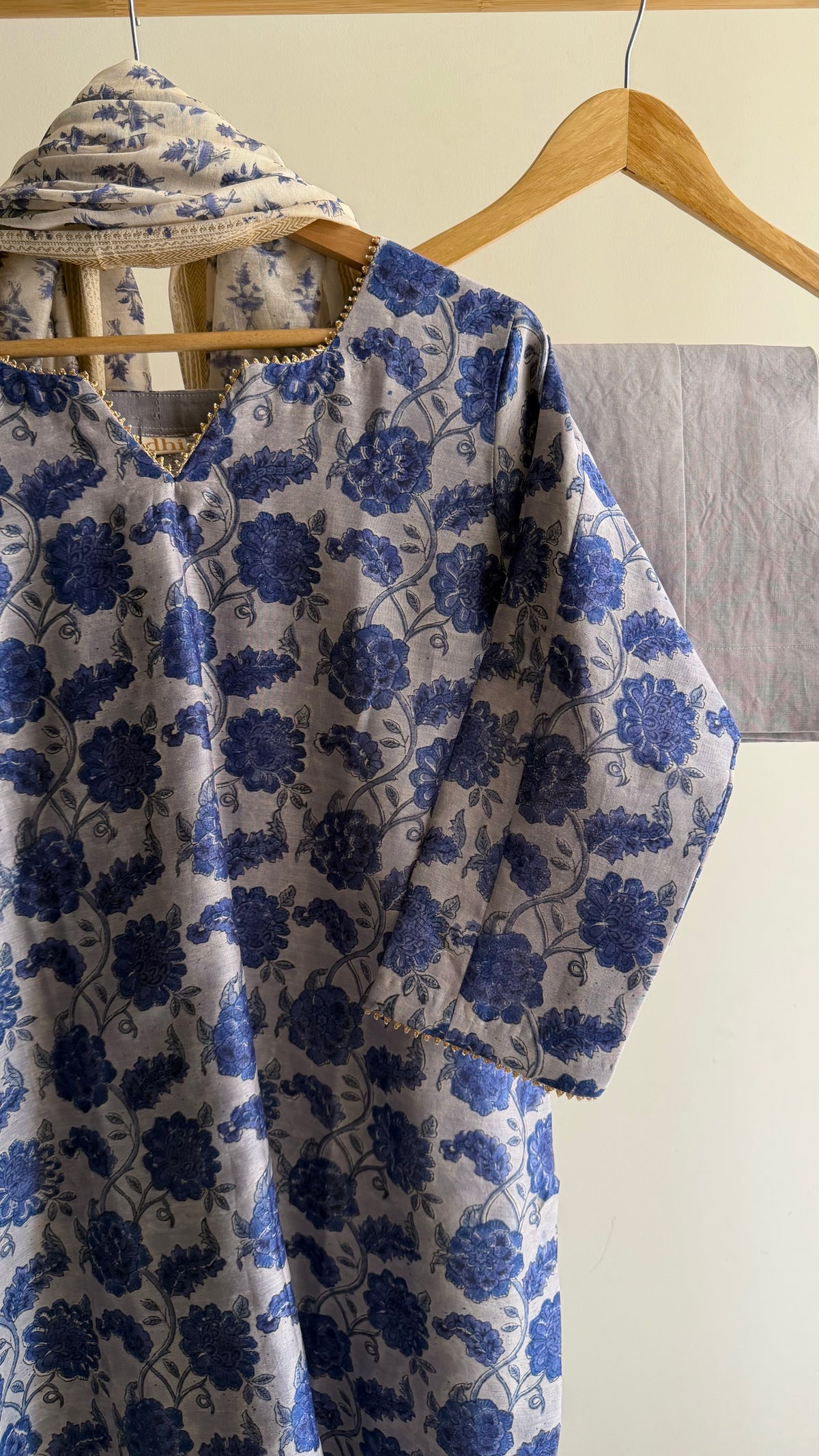 Dusty Blue Handblock Printed Maheshwari Silk Set