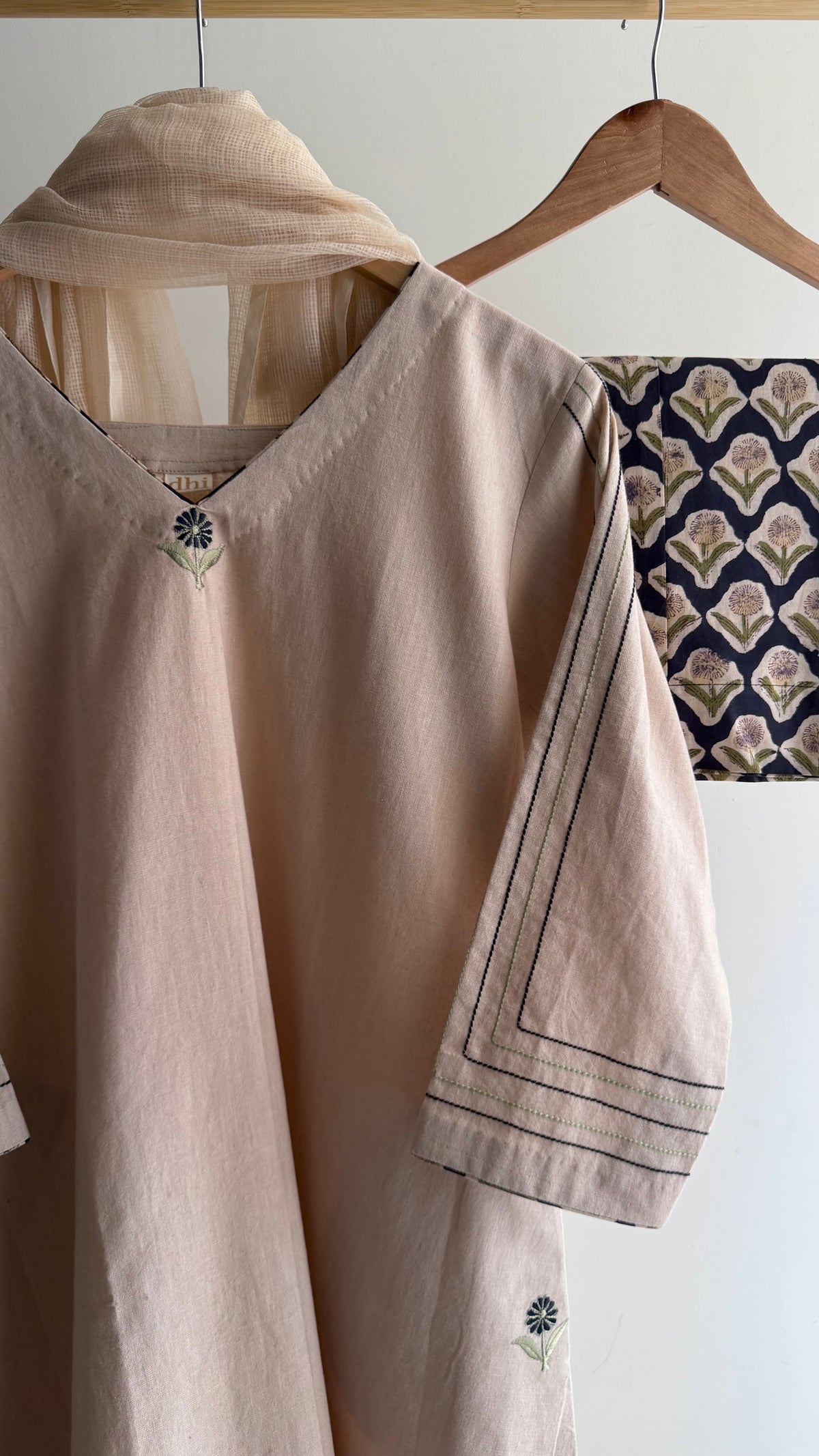 Beige & Black A-line with Handblock Printed Pant Set