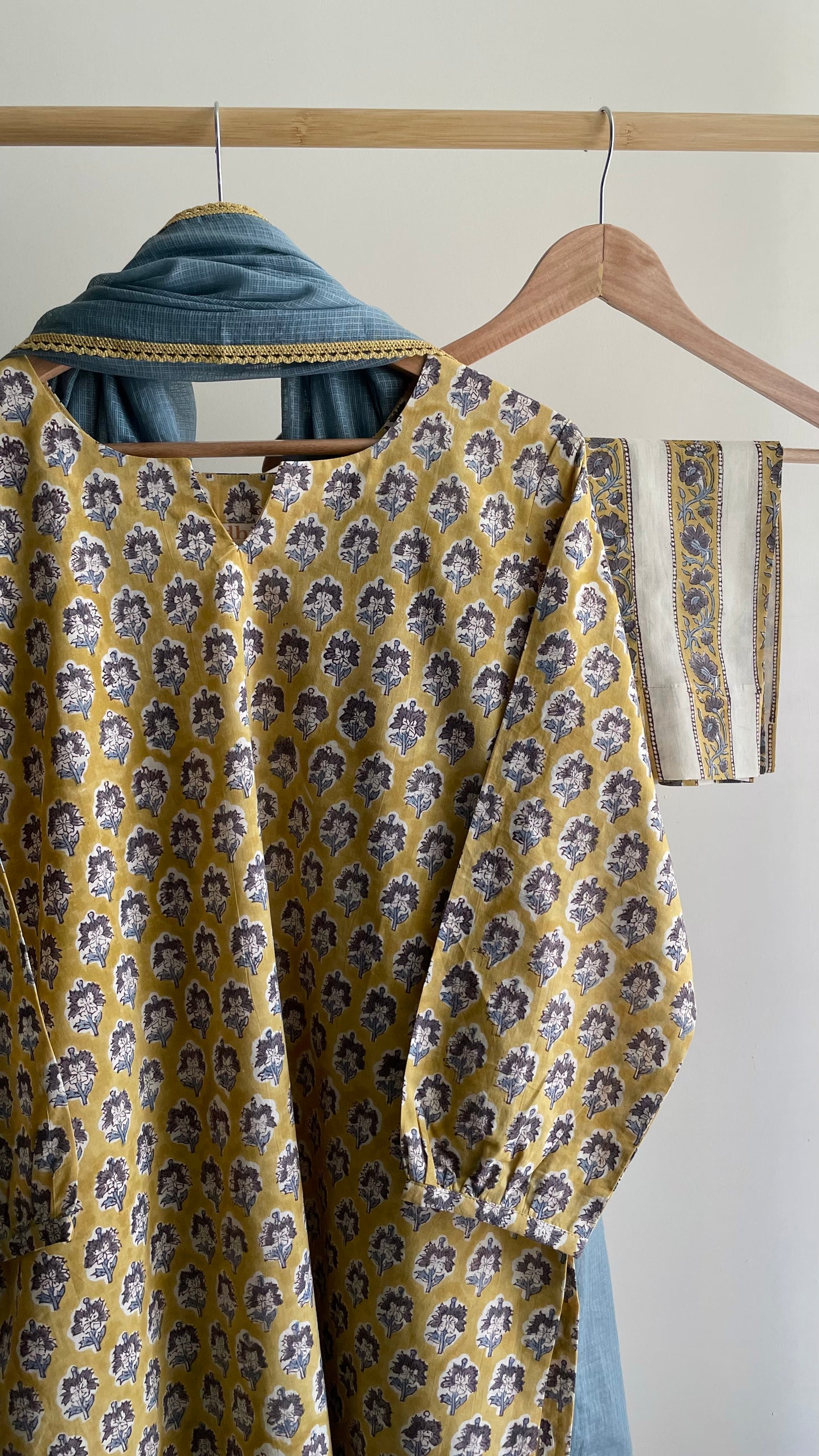 Mustard Yellow Hand-Block Printed Cotton Kurta Set with Slate Blue Dupatta