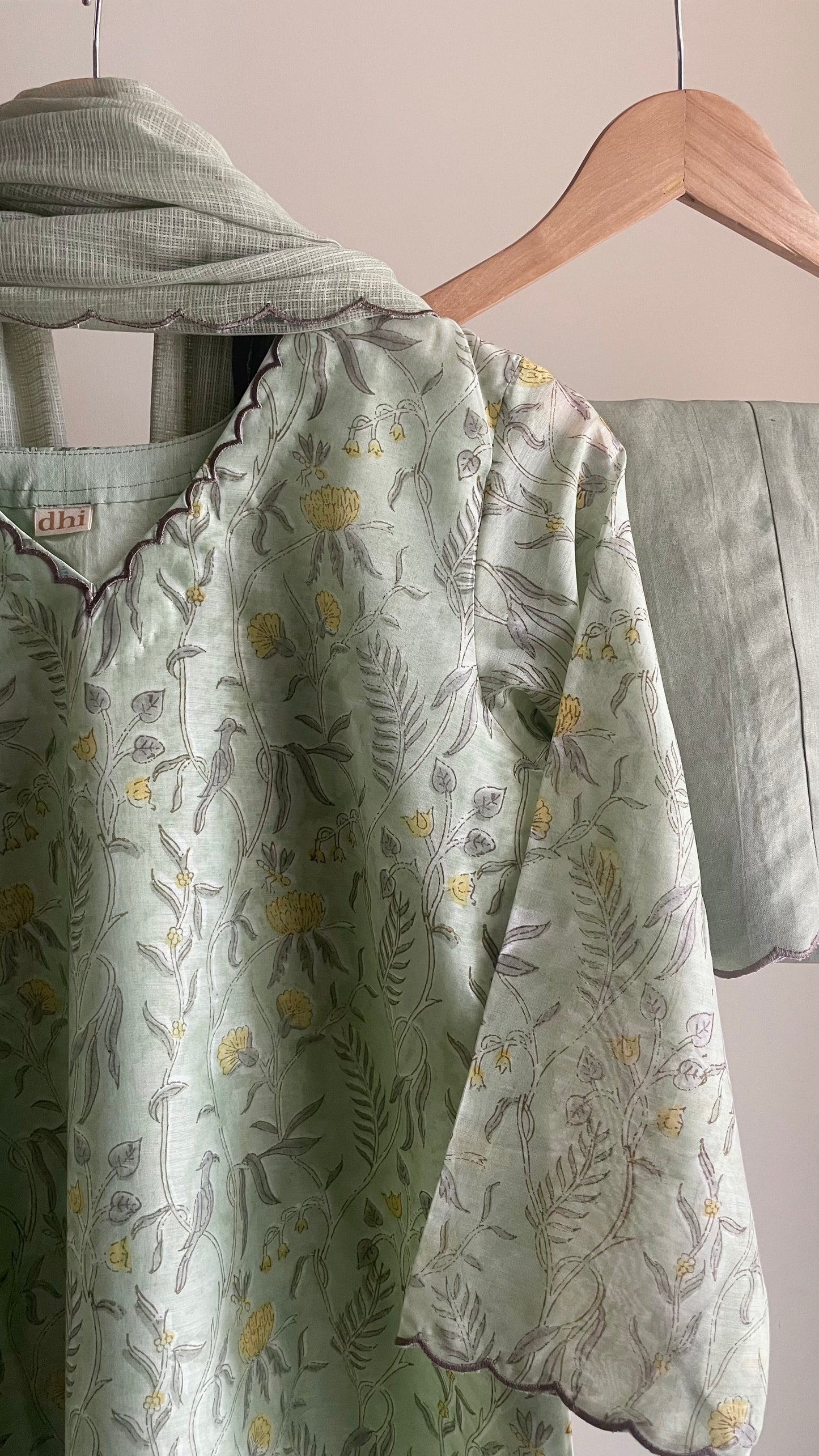 Fog Green Handblock Printed Chanderi