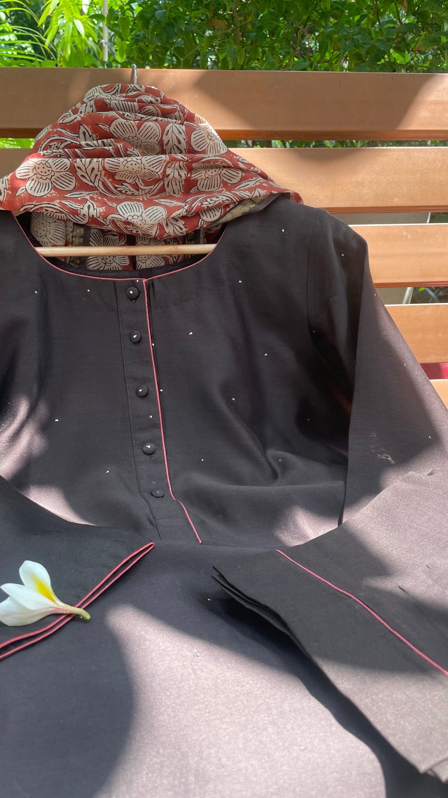 Black Coffee Mukaish Chanderi Kurta Set | Ajrakh Dupatta