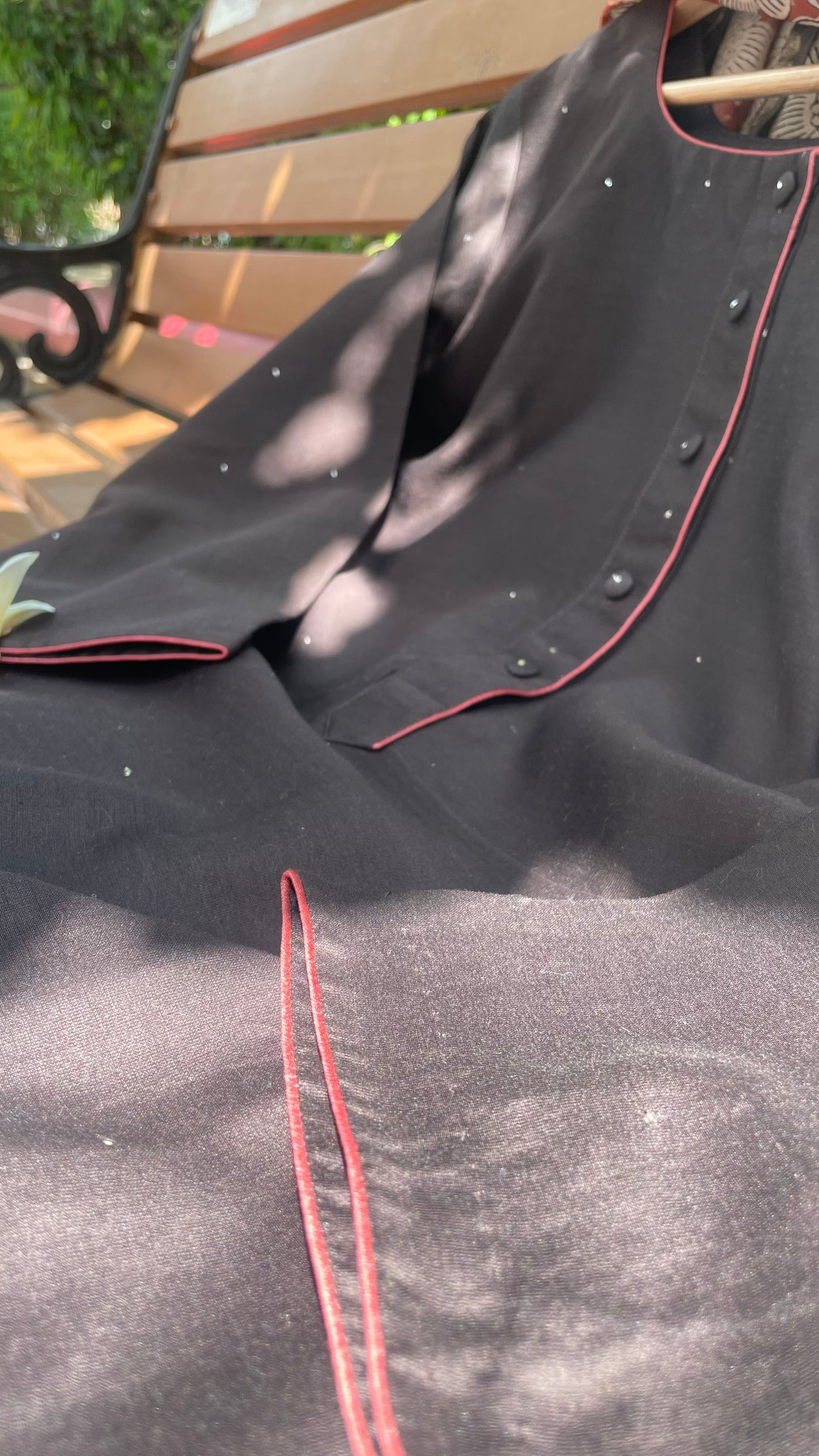 Black Coffee Mukaish Chanderi Kurta Set | Ajrakh Dupatta