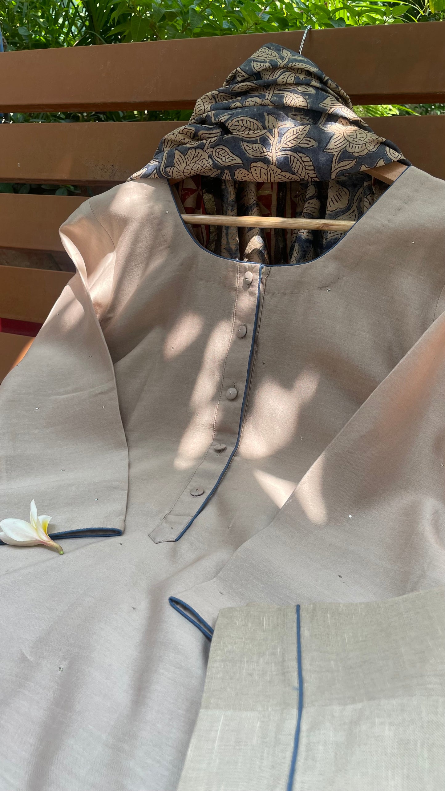Beige Mukaish Chanderi Kurta Set | Ajrakh Dupatta