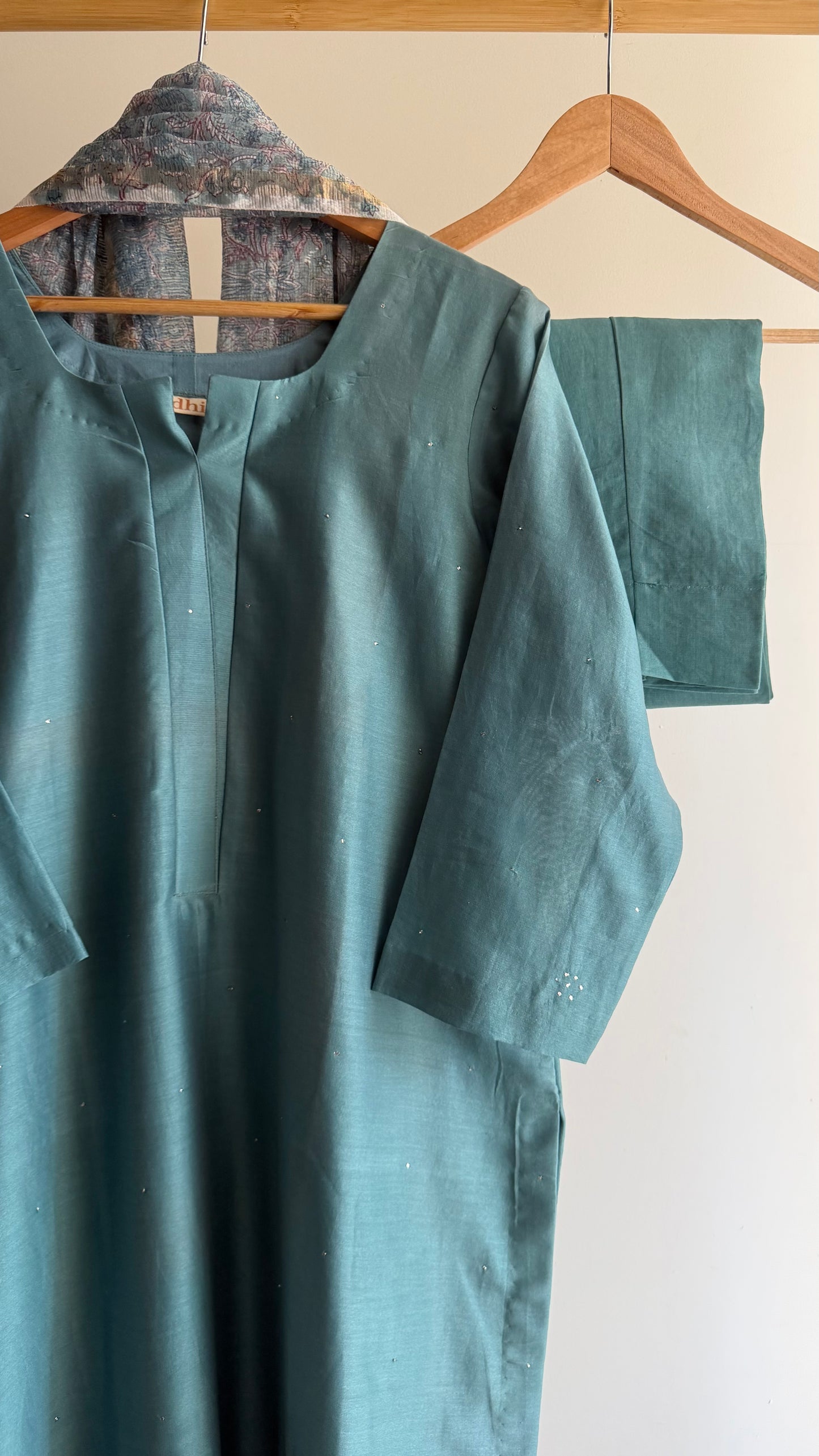 Turquoise Mukaish Chanderi Kurta Set with Hand-Block Print Dupatta