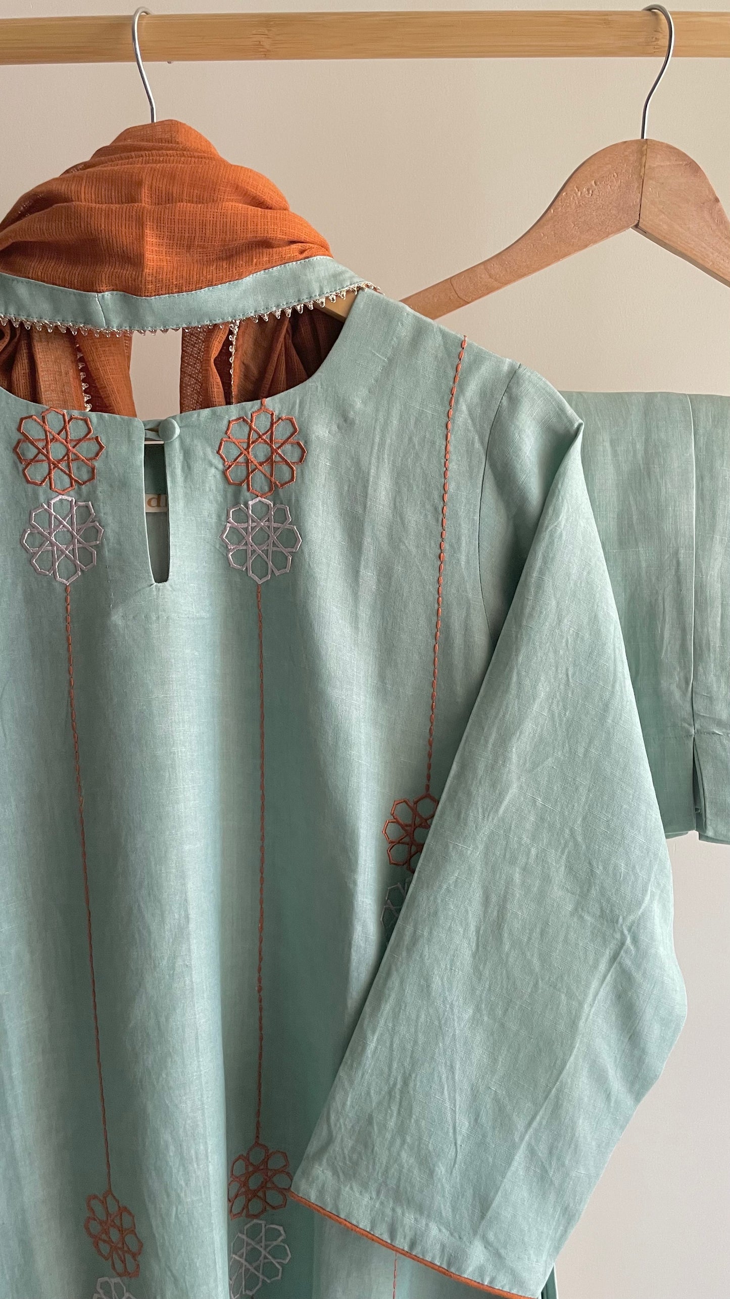 The Mint Embroidery Kurta Suit with Terracotta dupatta