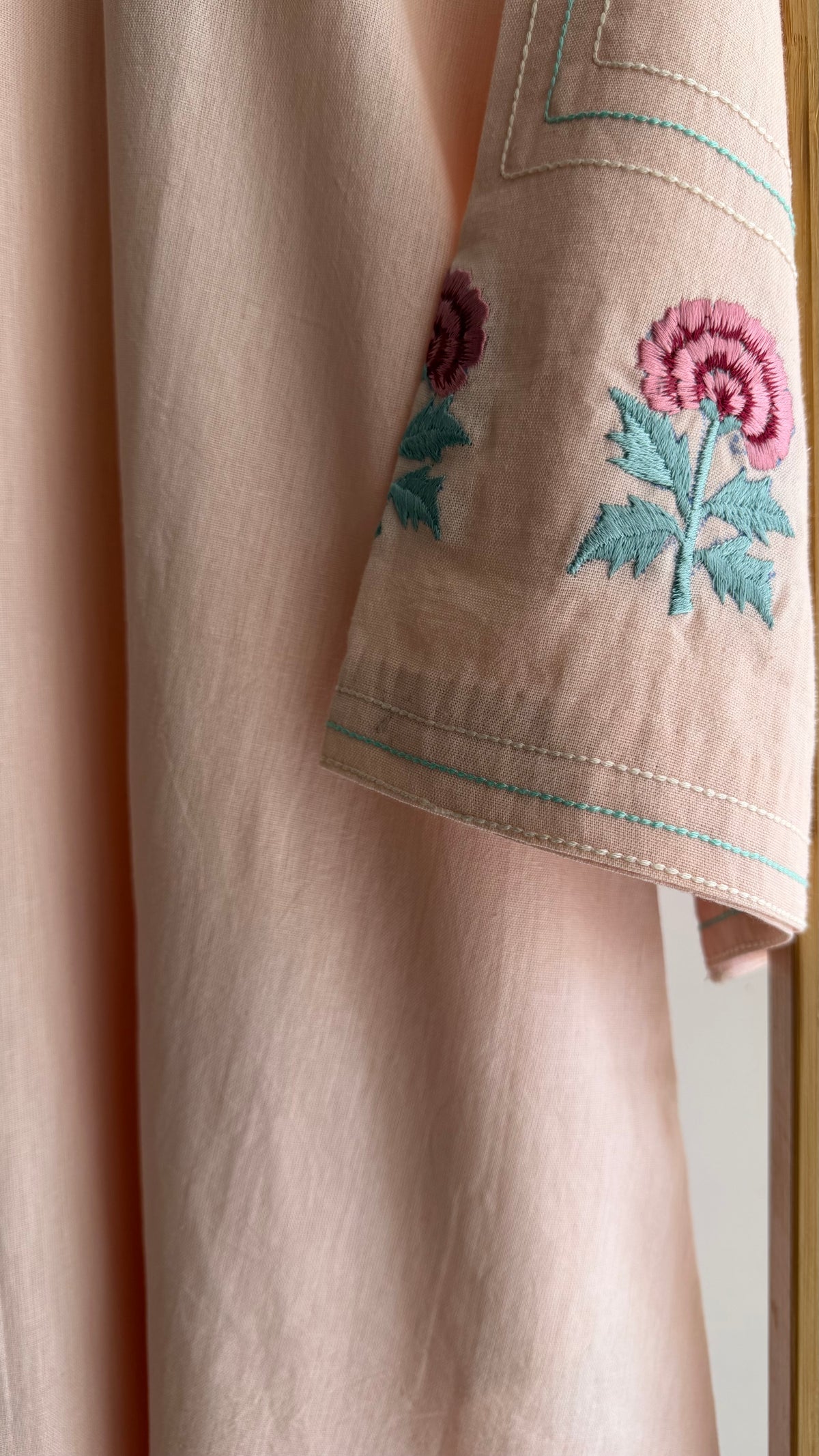 Blush Bloom A-line bell sleeve Set with Handblock Printed wide-leg Pant