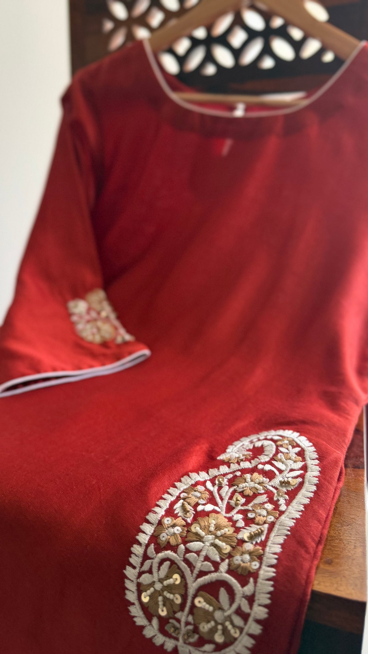 Rich Red Embroidered A-line Chanderi Set
