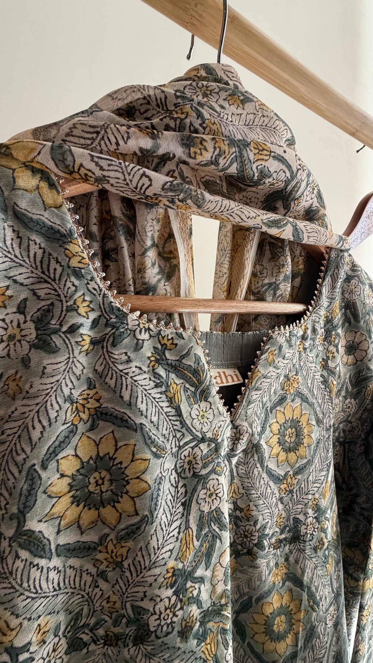 Sage Green Handblock Printed Maheshwari Silk Set
