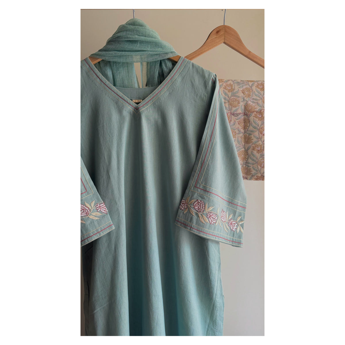 Aqua A-line bell sleeve Set with Handblock Printed wide-leg Pant