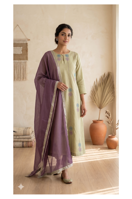 The Sage Green Embroidery Kurta Suit with Lavender dupatta