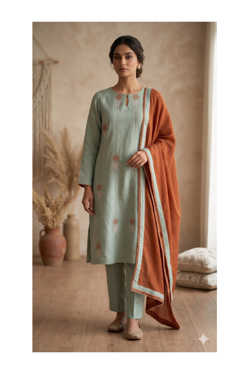 The Mint Embroidery Kurta Suit with Terracotta dupatta