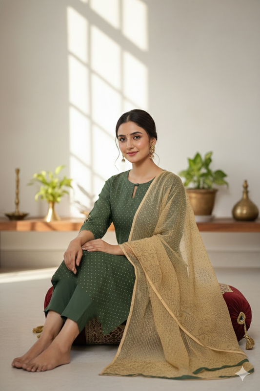Spruce Cotton Set with Scalloped Sleeves & Block Print