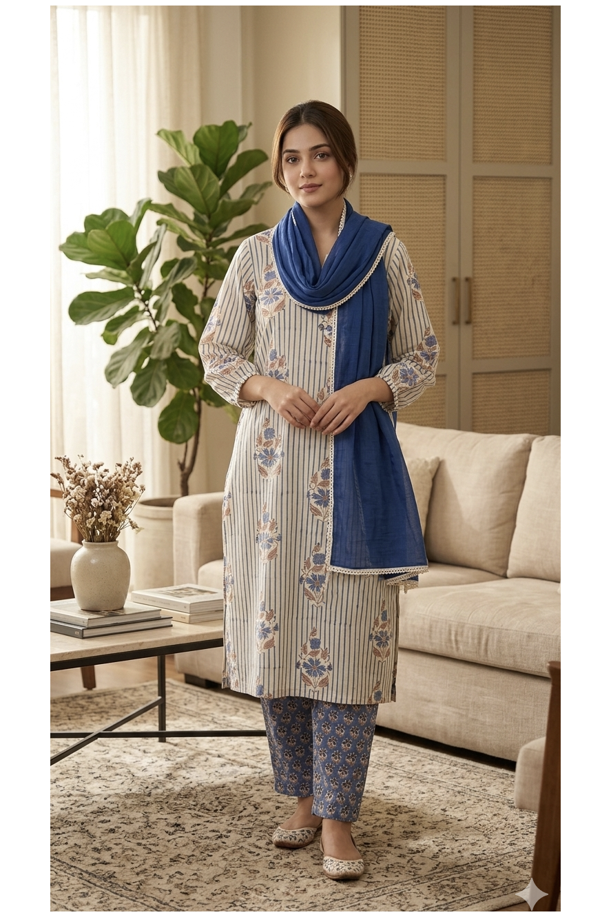 Indigo & Cream Hand-Block Printed Suit Set
