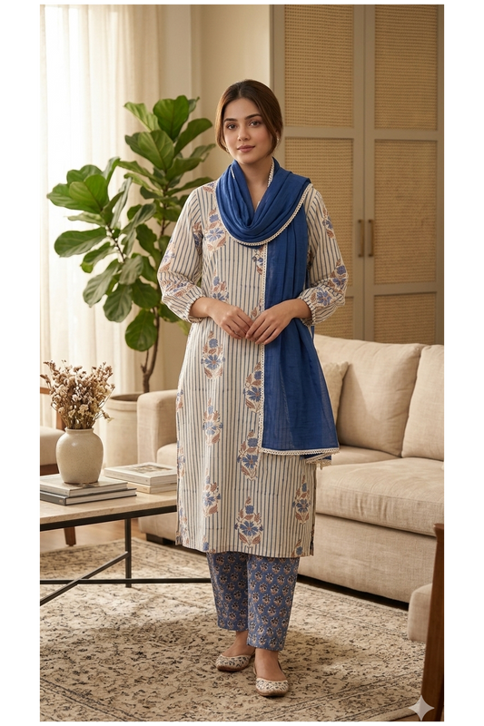 Indigo & Cream Hand-Block Printed Suit Set