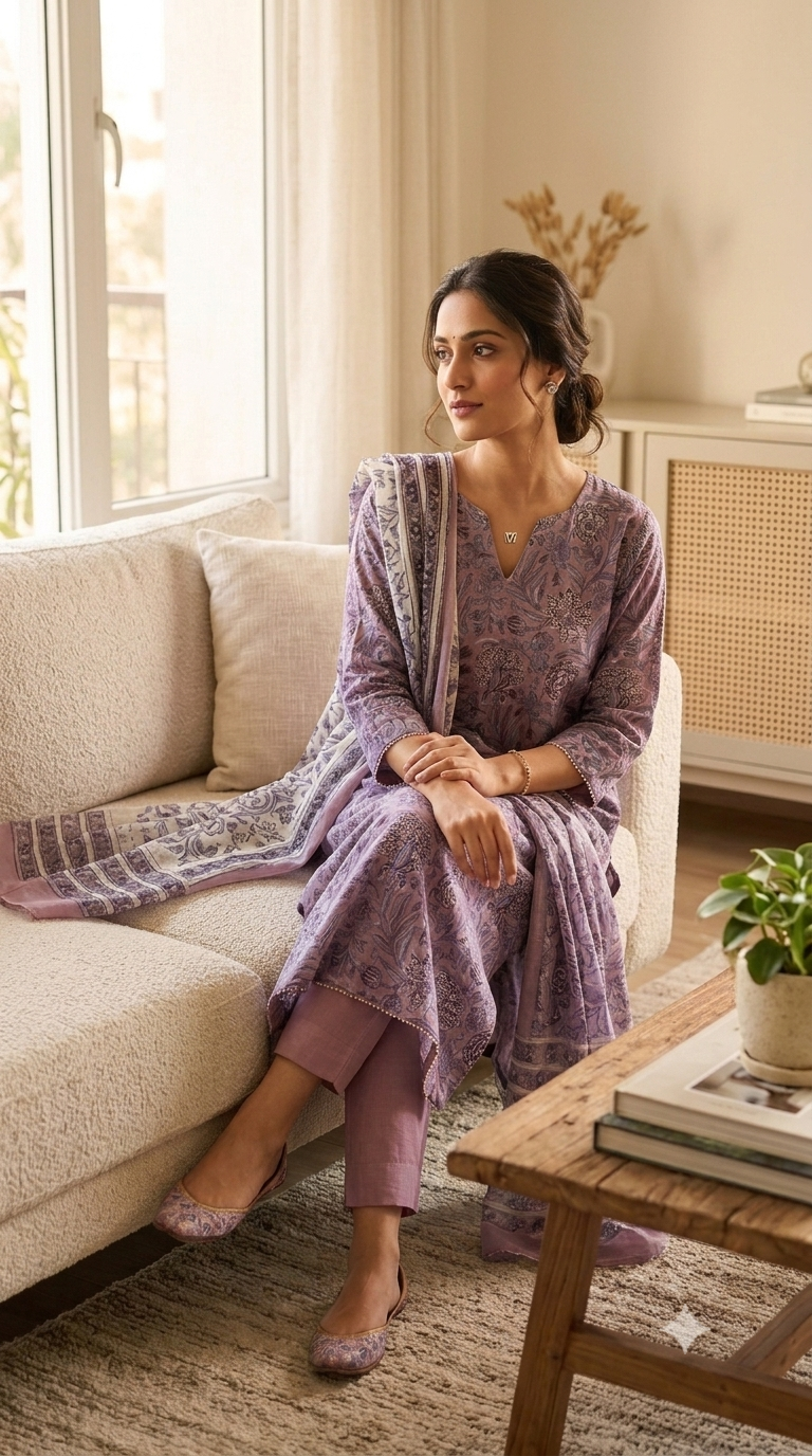 Mauve Handblock Printed Maheshwari Silk Set