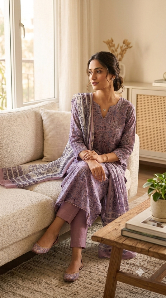 Mauve Handblock Printed Maheshwari Silk Set