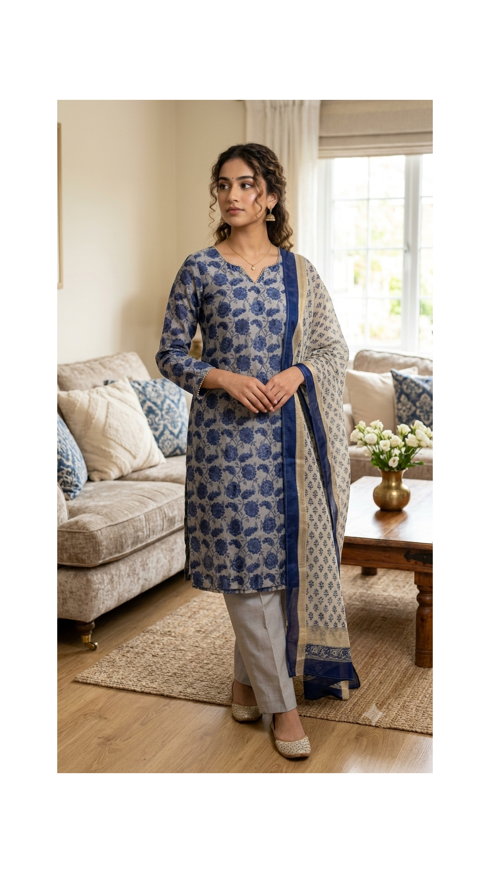 Dusty Blue Handblock Printed Maheshwari Silk Set