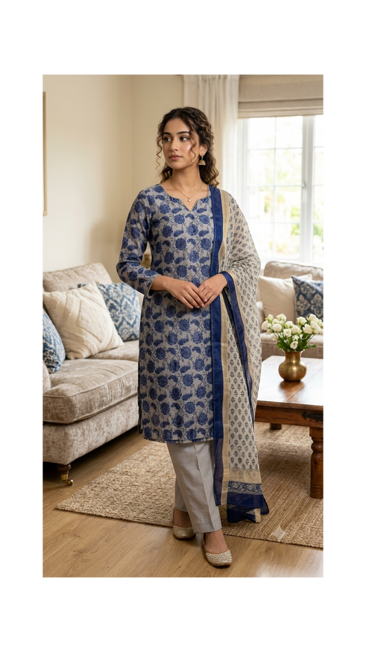 Dusty Blue Handblock Printed Maheshwari Silk Set