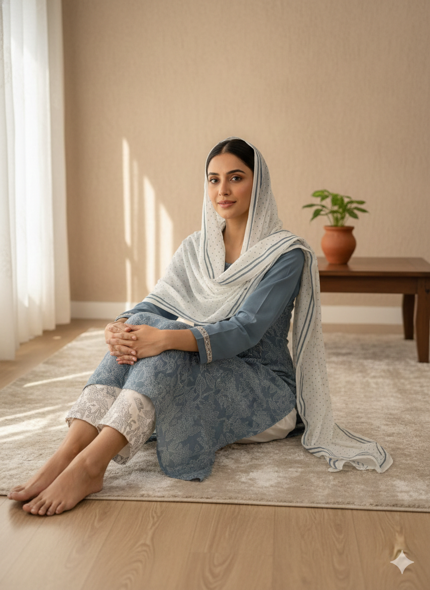 Festive Mul Cotton Kurta with Handblock & Beaded Details