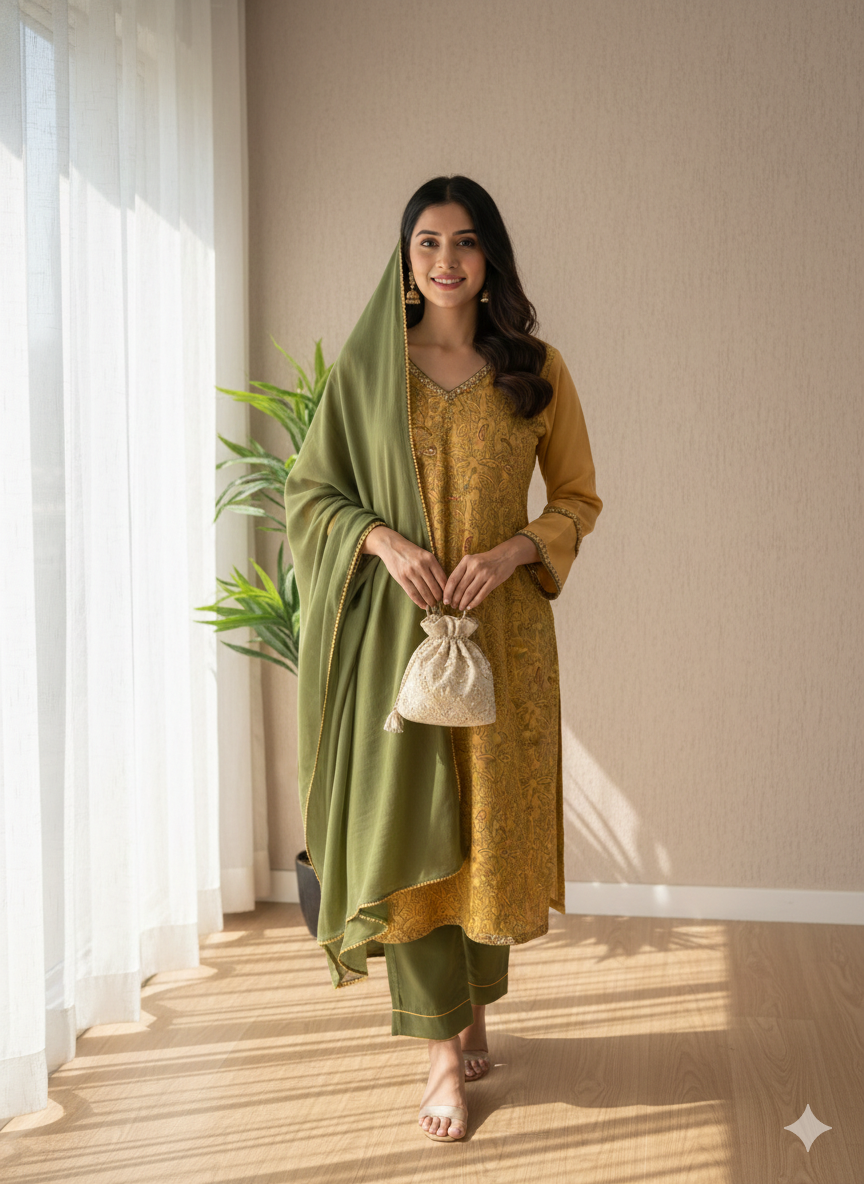 Sequined Handblock Mul with Contrasting Dupatta