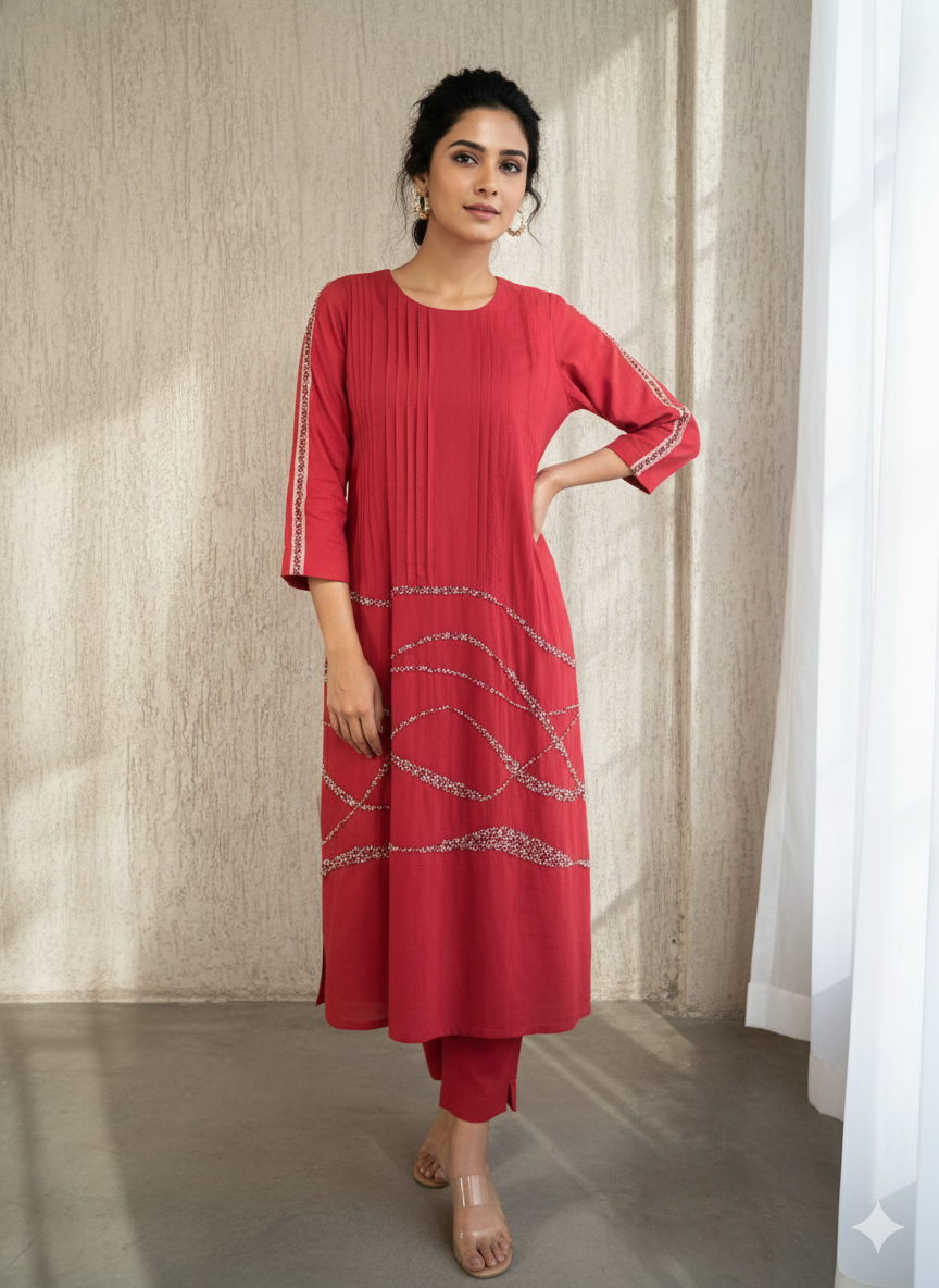 Beaded Crimson Kurta with Tie & Dye Dupatta
