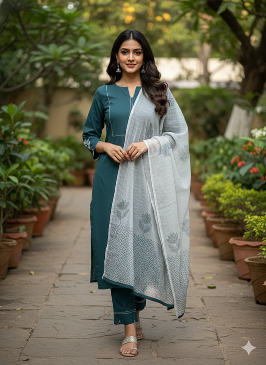 Embroidered Cotton Ensemble with Kota in Teal Tones