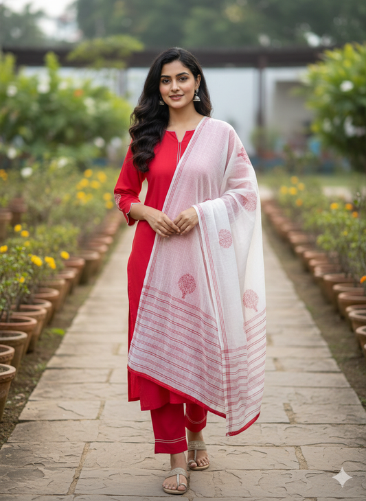 Thread Embroidered Winter Set with Red & Off-White Draping