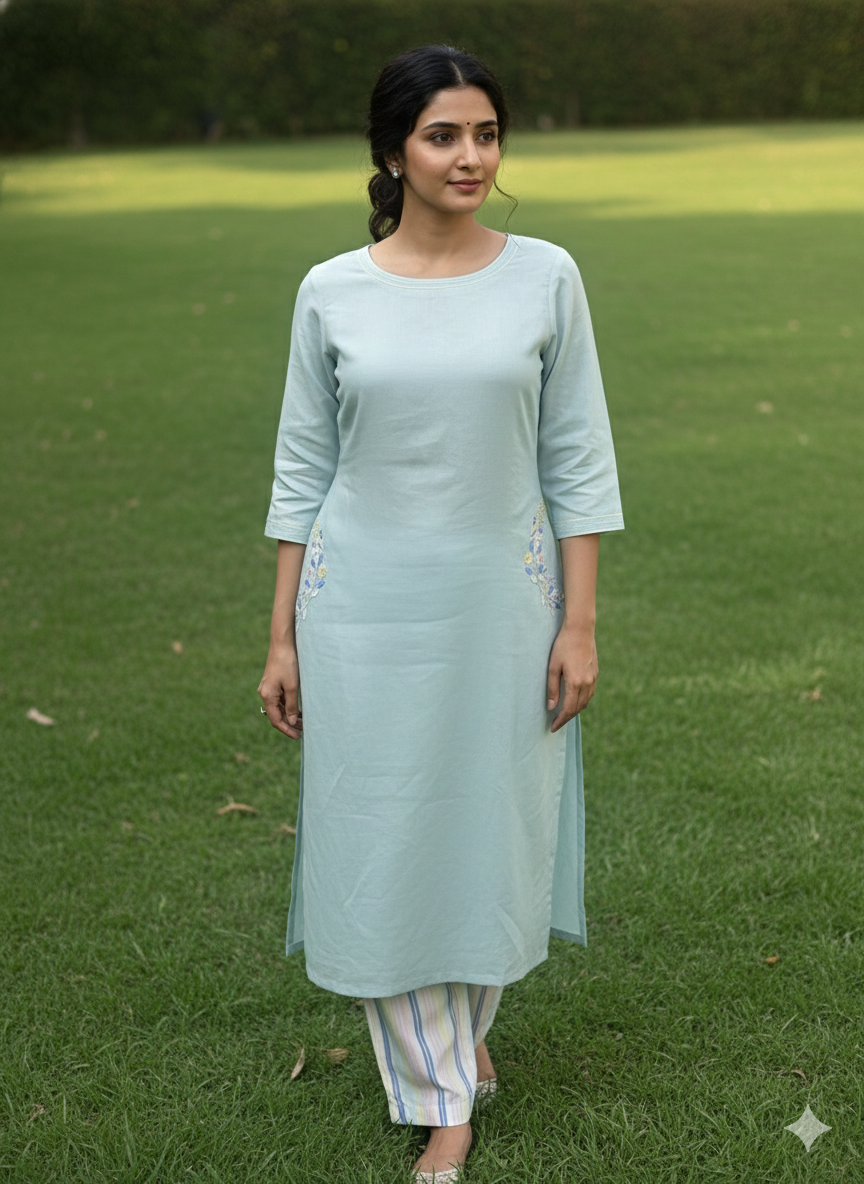 Sky Blue Cotton Linen suit with Floral Thread Embroidery