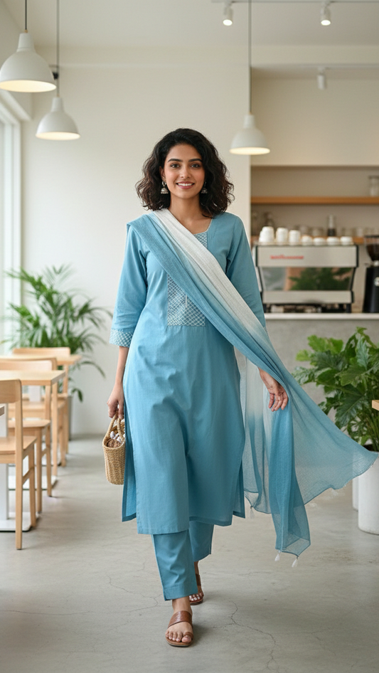 White & Turquoise Thread Embroidery Suit Set