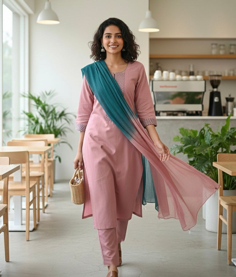 Rose pink & Teal Thread Embroidery Suit Set