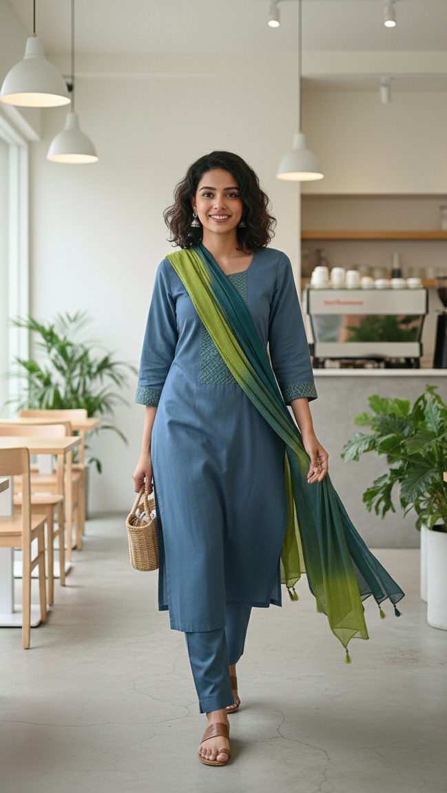 Blue & Lime Thread Embroidery Suit Set