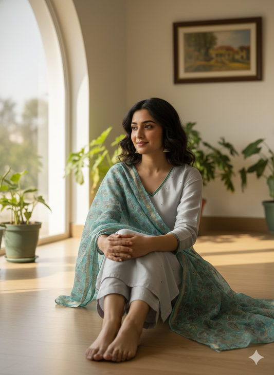 Elegant Grey Chanderi Set with Intricate Beadwork & Linen Pants