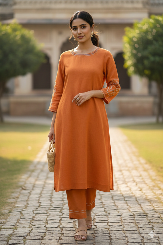 Tangerine Cotton Linen with Contrast Embroidery Details