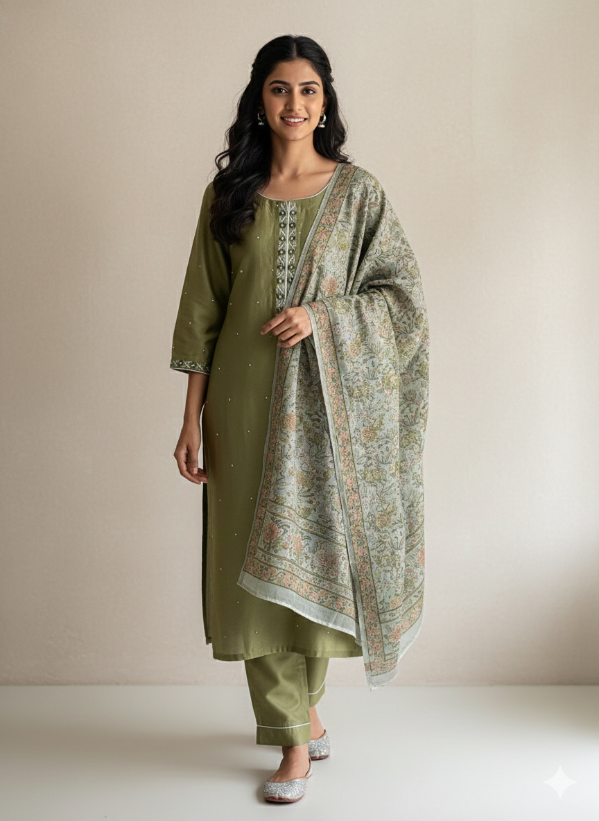 Green suit  with floral thread embroidery