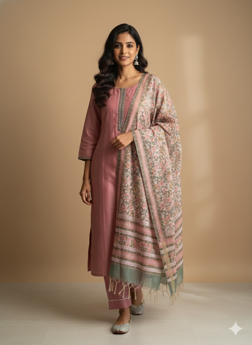 Pink suit with floral thread embroidery