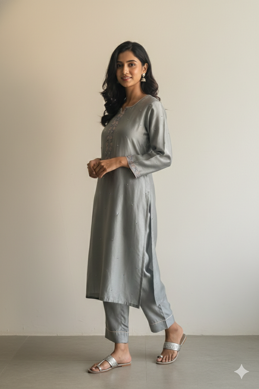 Grey suit with floral thread embroidery
