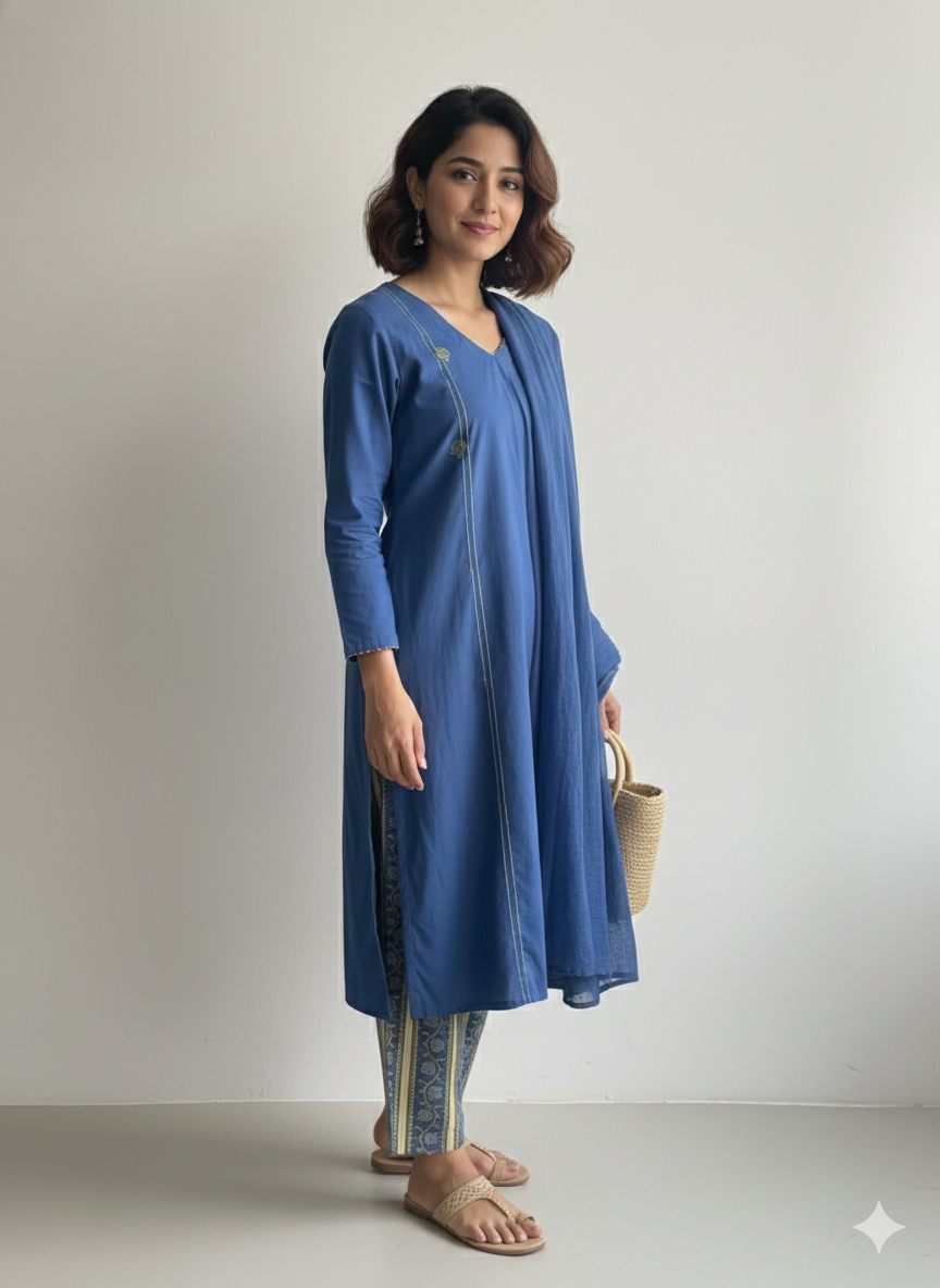 Cobalt Blue Cotton Suit with Thread Embroidery