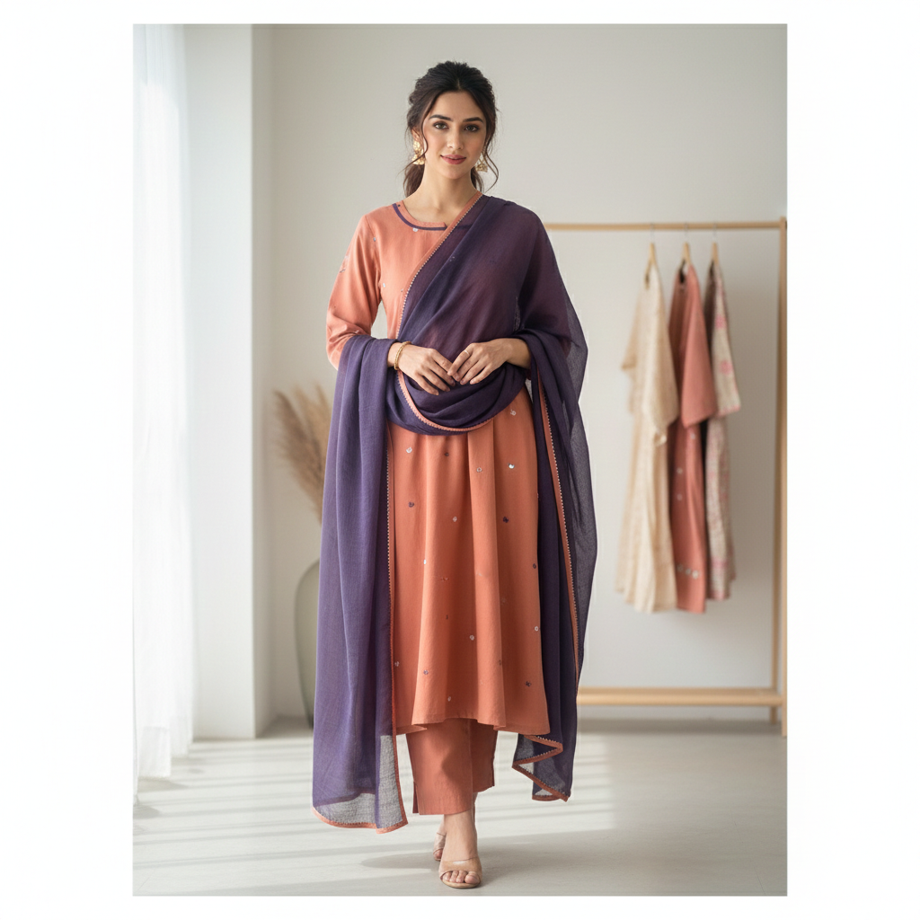 Premium Matt Flame Cotton Embroidered Suit with All-Over Thread Work