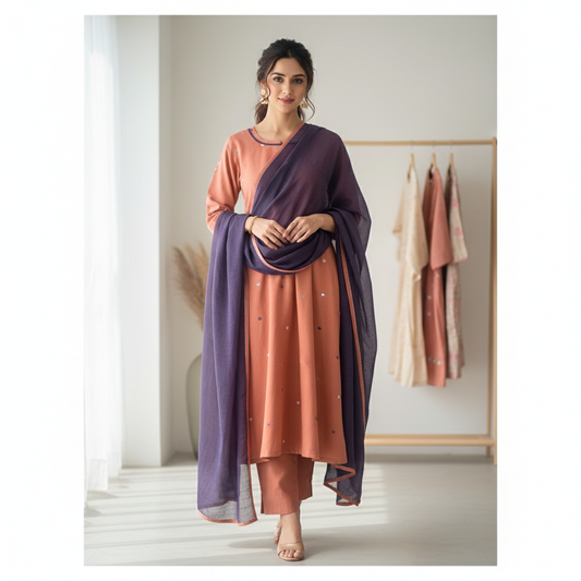 Premium Matt Flame Cotton Embroidered Suit with All-Over Thread Work