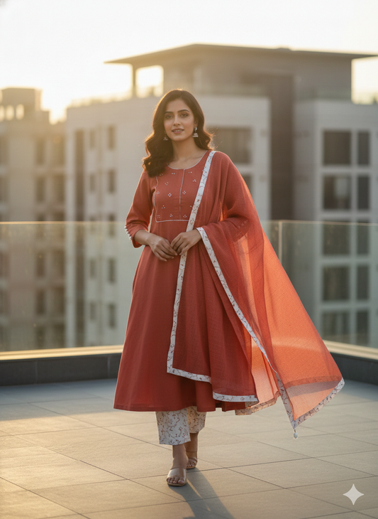 Rust Cotton Handblock Printed Suit with Hand-Tucked Bead Embellishment
