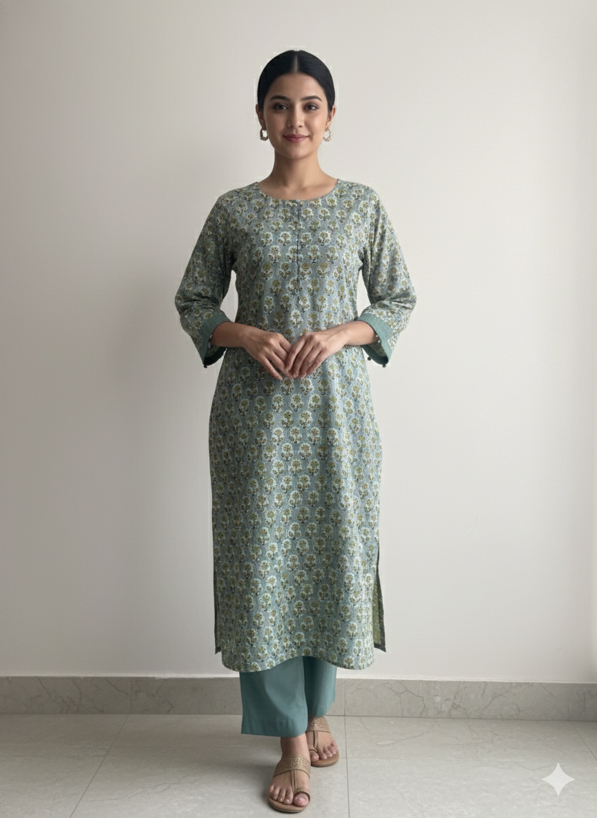 Green Floral Print Cotton Suit with Thread Embroidery and Potli Buttons