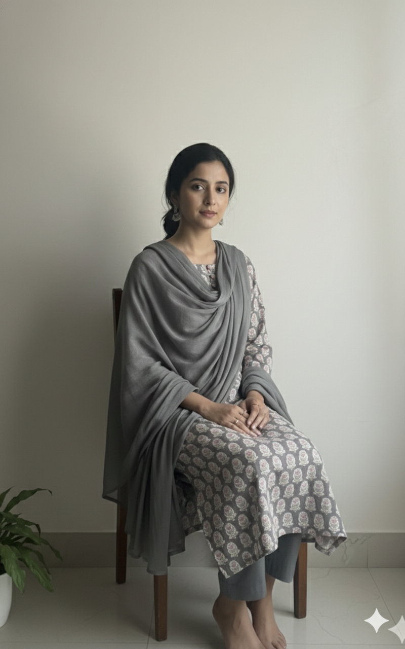 Dark Olive Cotton Suit with Crochet Lace and Loop Buttons
