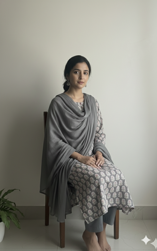 Dark Olive Cotton Suit with Crochet Lace and Loop Buttons