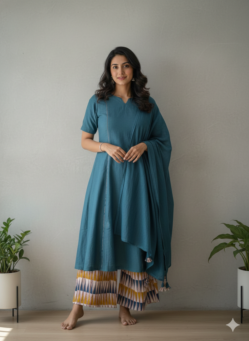 Blue Cotton Linen A-line Kurta Set
