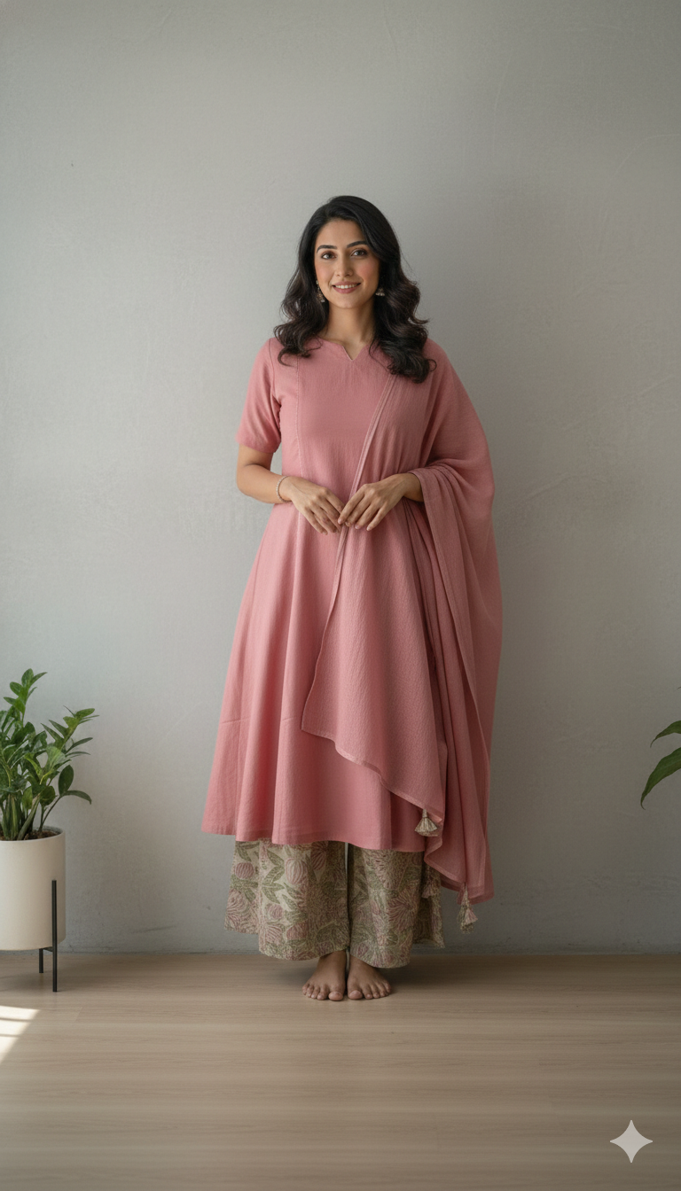 Dusty Pink Floral Cotton Linen A-line Kurta Set
